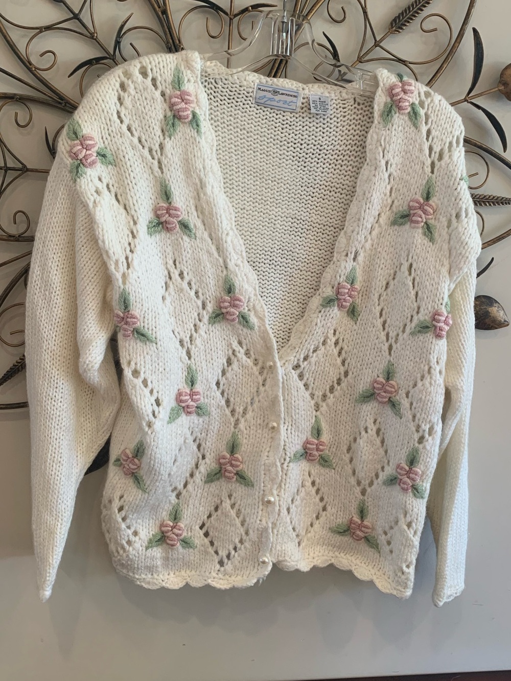 Vintage Cream Knit Cardigan with Pink Floral Embroidery and Pearl Buttons